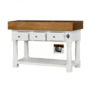 Butcher Block Kitchen Island with Three Drawers - French White Colour