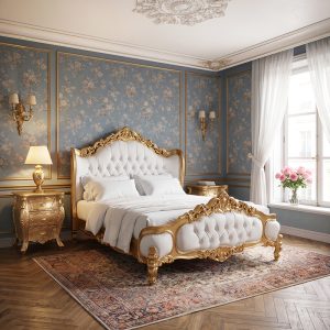 Louis XV Eloise Sleigh Bed in Gold Leaf and White Faux Leather