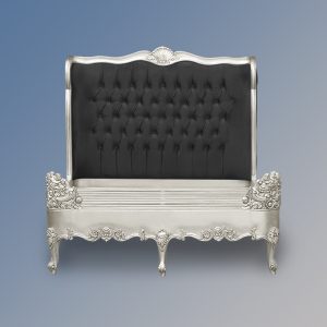 Louis XV Estee Bed in Silver Leaf and Black Brushed Velvet Upholstery