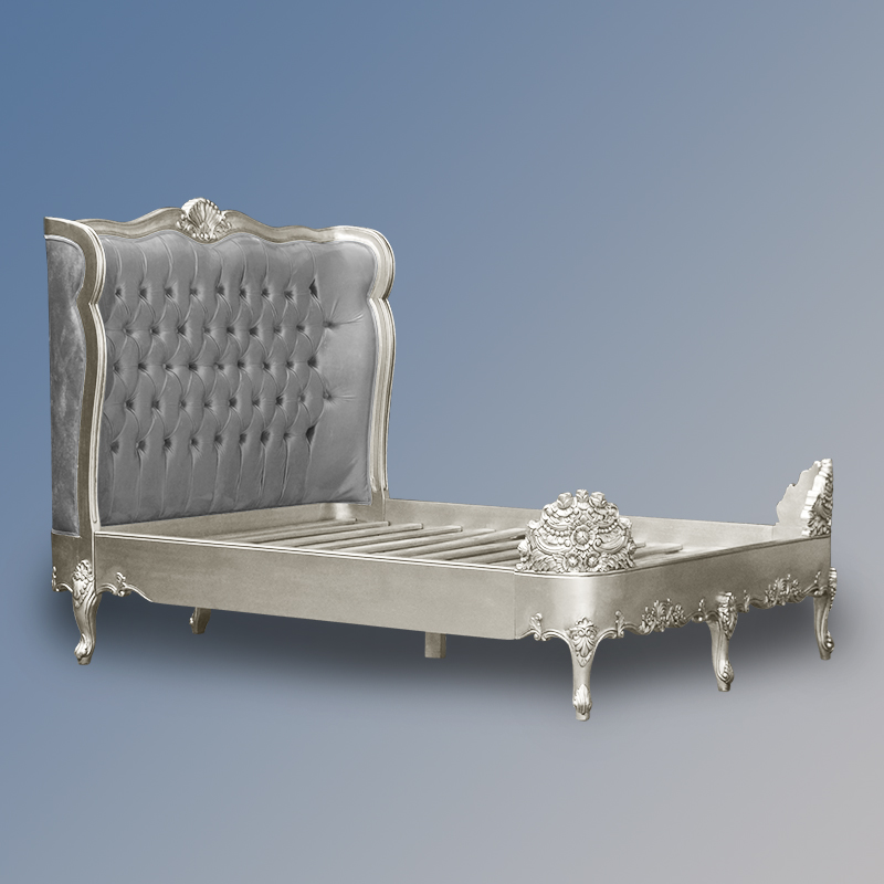 Louis XV Estee Bed in Silver Leaf and Grey Brushed Velvet Upholstery - Image 3