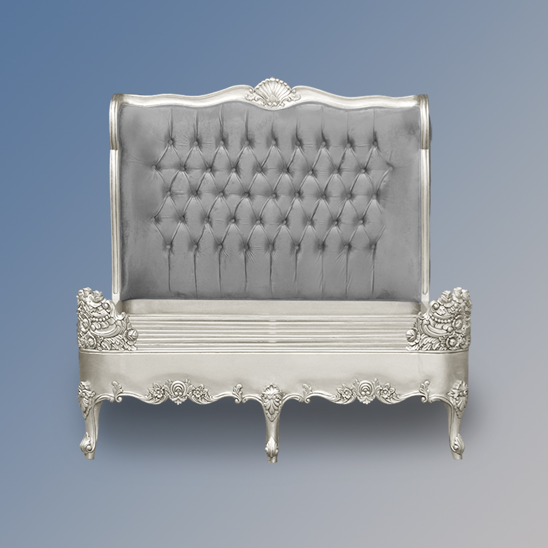 Louis XV Estee Bed in Silver Leaf and Grey Brushed Velvet Upholstery - Image 2