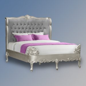 Louis XV Estee Bed in Silver Leaf and Grey Brushed Velvet Upholstery