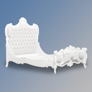 Louis XV - Genevieve Sleigh Bed in French White and White Faux Leather Upholstery