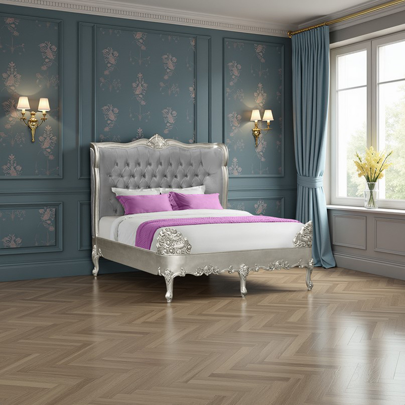 Louis XV Estee Bed in Silver Leaf and Grey Brushed Velvet Upholstery