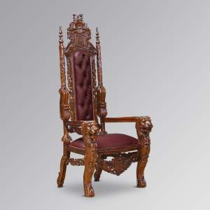 Throne Chair - Lion King - Antique Mahogany Frame Upholstered in Oxblood Faux Leather