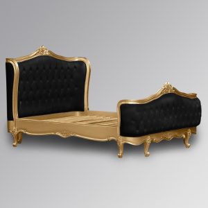 Louis XV - Violette Sleigh Bed in Gold Leaf Frame and Plush Black Velvet