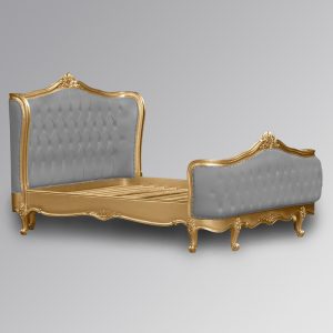 Louis XV - Violette Sleigh Bed in Gold Leaf Frame and Grey Brushed Velvet