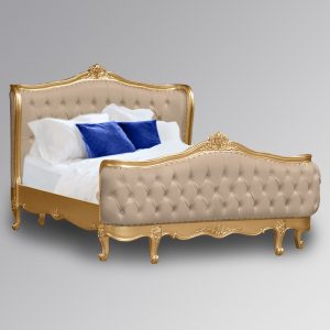 Louis XV - Violette Sleigh Bed in Gold Leaf Frame and Glamour Sand Brushed Velvet