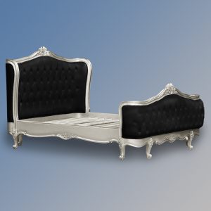 Louis XV - Violette Sleigh Bed in Silver Leaf Frame and Plush Black Velvet