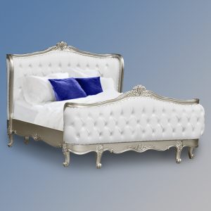 Louis XV - Violette Sleigh Bed in Silver Leaf Frame and White Faux Leather