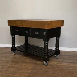 Kitchen Island with Three Drawers - Brass Handles and Castors - French Noir Colour