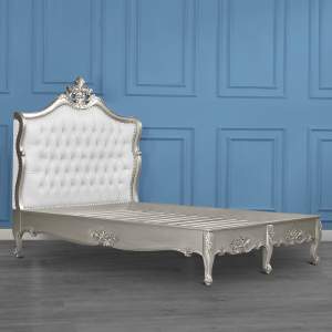 Louis XV Mirabelle Sleigh Bed in Silver Leaf and White Faux Leather