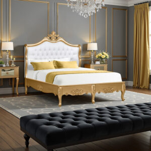 Louis XV Mirabelle Sleigh Bed in Gold Leaf and White Faux Leather