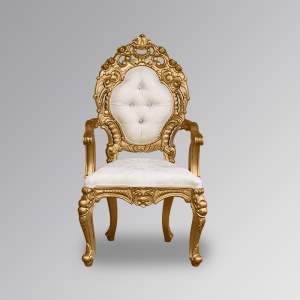 Louis XV Cadice Mini Throne Chair - Gold Frame & White Faux Leather Upholstery