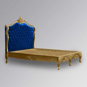 Louis XV Mirabelle Sleigh Bed in Gold Leaf and Nautical Blue Velvet