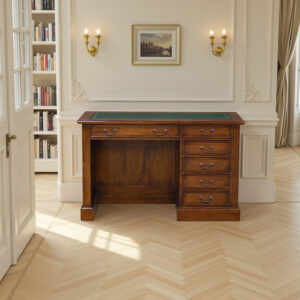 Single Partner Desk in Chestnut with Green Faux Leather & Gold Emboss