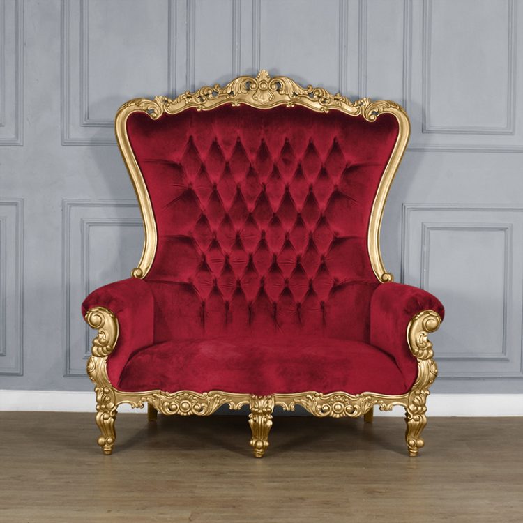Throne Chair – Lazarus Double King Chair - Gold Frame Upholstered in Plush Wine Red Upholstery