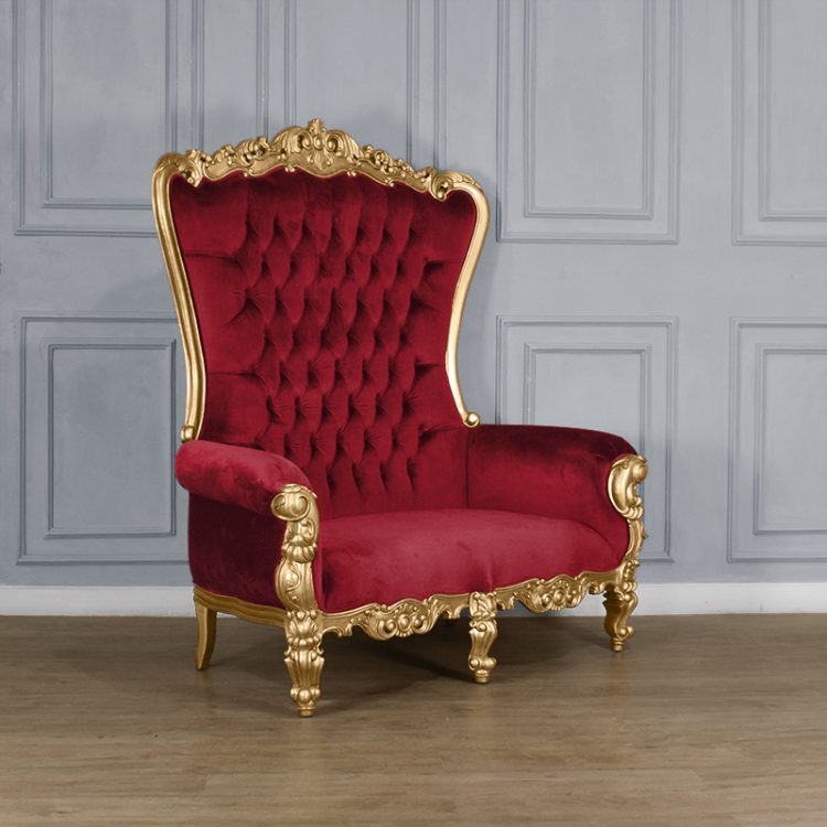 Throne Chair – Lazarus Double King Chair - Gold Frame Upholstered in Plush Wine Red Upholstery - Image 2