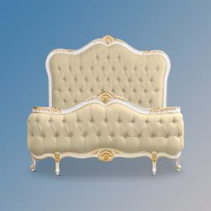 Louis XV - Montauban Sleigh Bed in French White and  Gold accents - Oatmeal Tufted Upholstery