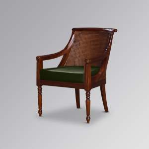 Rattan Scroll Back Armchair with Green Faux Leather - Chestnut Colour
