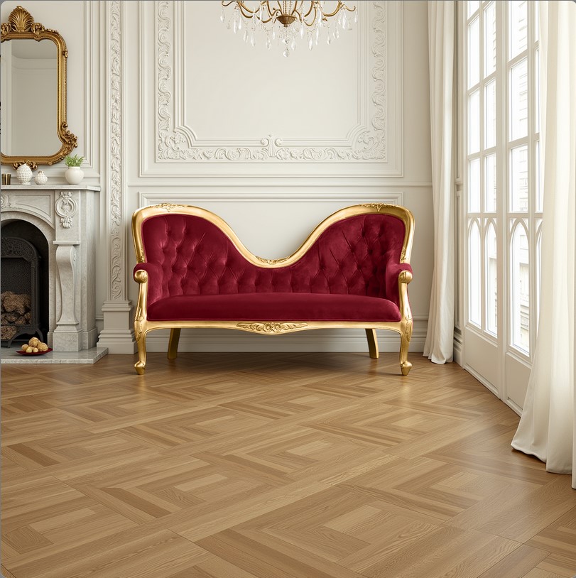 Louis XV Amellia Chaise Longue in Gold Leaf with Wine Red Upholstery