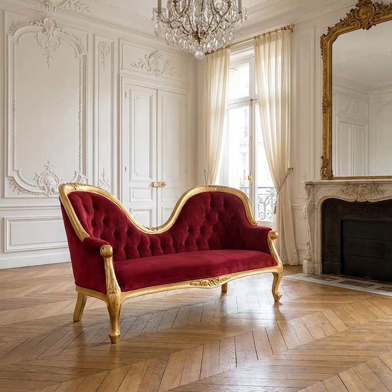 Louis XV Amellia Chaise Longue in Gold Leaf with Wine Red Upholstery - Image 2