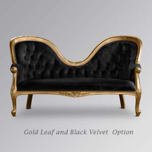 Louis XV Amellia Chaise Longue in Gold Leaf with Black Upholstery
