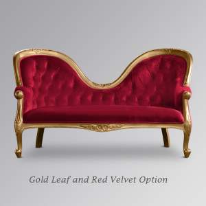 Louis XV Amellia Chaise Longue in Gold Leaf with Wine Red Upholstery
