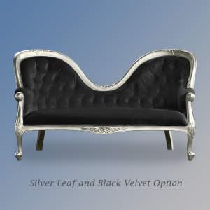 Louis XV Amellia Chaise Longue in Silver Leaf with Black Upholstery