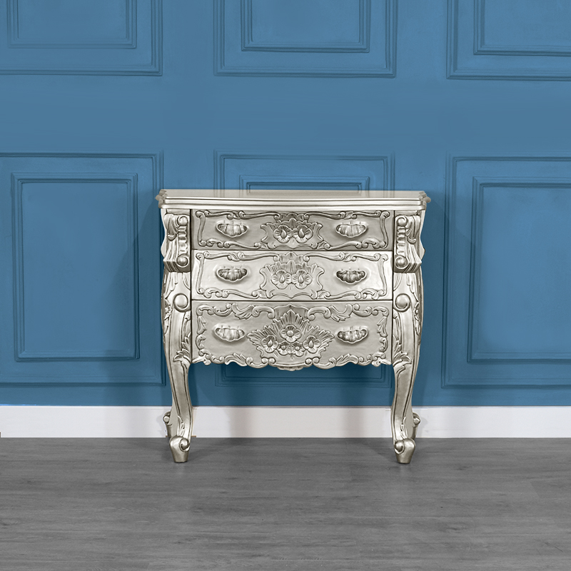 Louis XV Rococo Three Drawer Chest in Silver Leaf