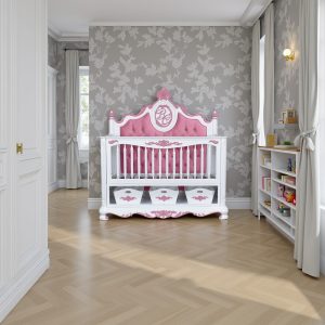 Louis XV Simone Baby Crib Cot - in French White & Powder Pink Velvet Upholstery