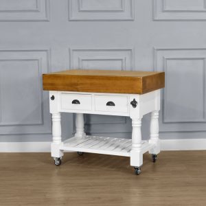 Butchers Block Kitchen Island - Heavy Top - French White Colour with Wheels