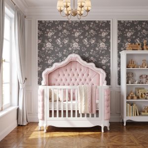 Louis XV Adelle Baby Crib Cot - in French White & Baby Pink Upholstery