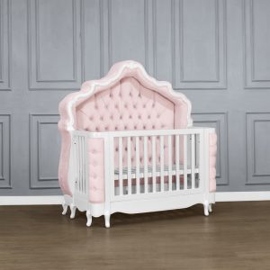 Louis XV Adelle Baby Crib Cot - in French White & Baby Pink Upholstery