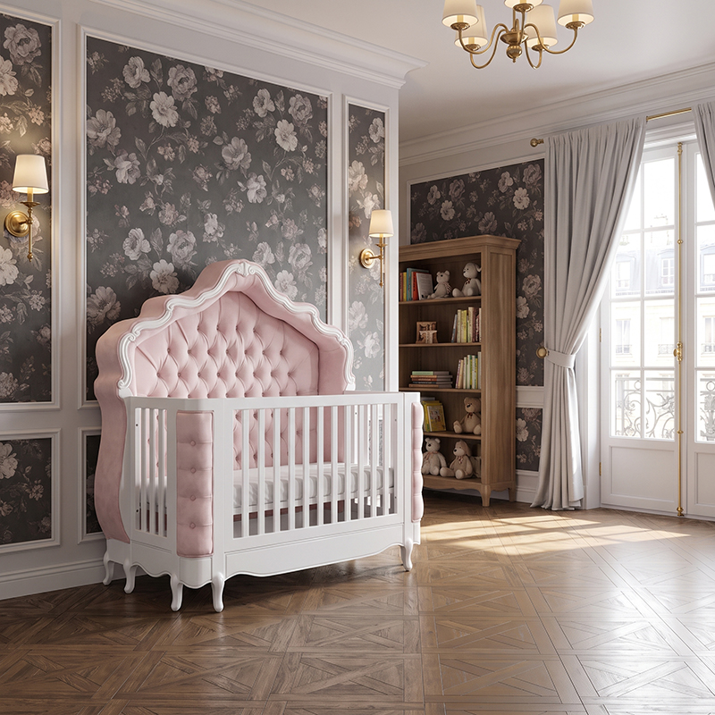 Louis XV Adelle Forever Cot - in French White & Baby Pink Upholstery