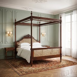 Louis Xv Bonaparte Four Poster Bed With Rattan Headboard and Footboard- Chestnut Colour