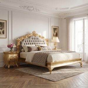 Louis XV Patrice Sleigh Bed in Gold Leaf and Gold Sand upholstery