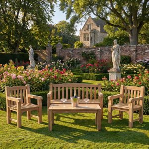 Solid Teak Shire Garden Bench SET – Seaters & Coffee Table – Grade A Certified Teak