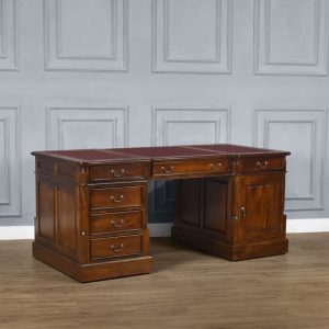 Partner Desk ( Large) in Chestnut and Oxblood Faux Leather (180cm) Drawers & Cupboard (Clearance)